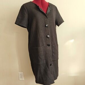 Zara Trafaluc Tweed Dress Button Front Short Sleeve Shift Pockets Black Large